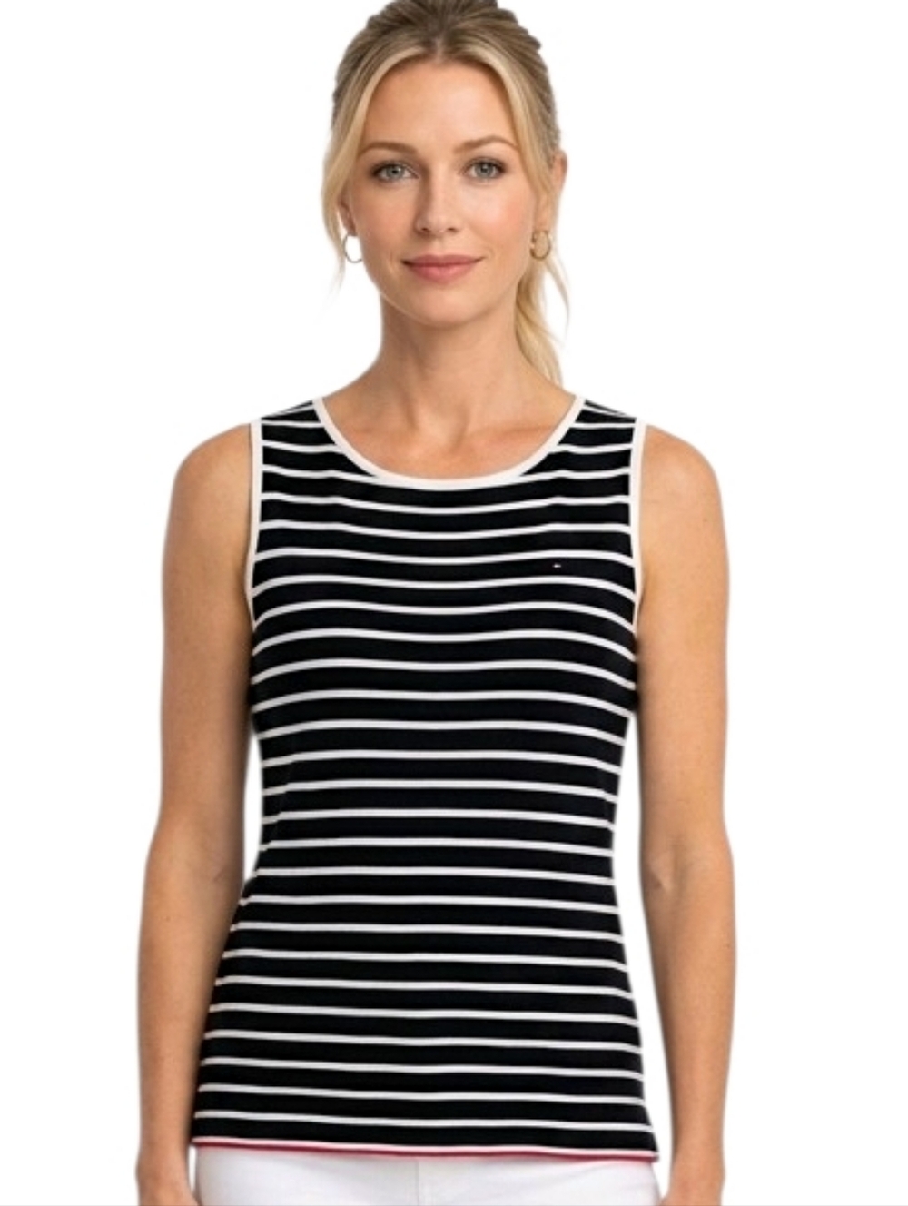 Tommy Hilfiger Navy Blue Striped Button Detail Stretch Tank Top Size SP